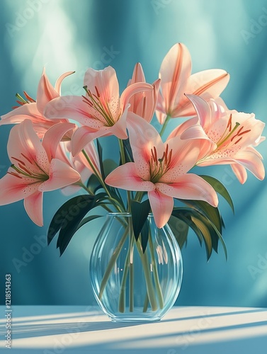 glass pot with a bunch of pink lilies on a white table,  photo