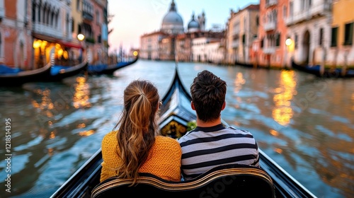 A couple enjoying a romantic gondola ride during their anniversary trip to Venice
