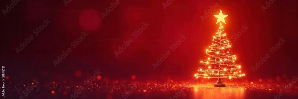Glowing gold star tree on dark red glitter background, decorative Christmas, glow Glowing gold star tree on dark red glitter background, decorative Christmas, glow