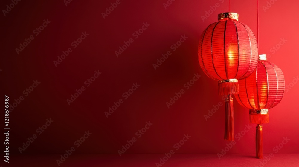 Red paper lanterns hanging against a rich red background, symbolizing celebration and warmth during festive occasions Red paper lanterns hanging against a rich red background, symbolizing celebration and warmth during festive occasions