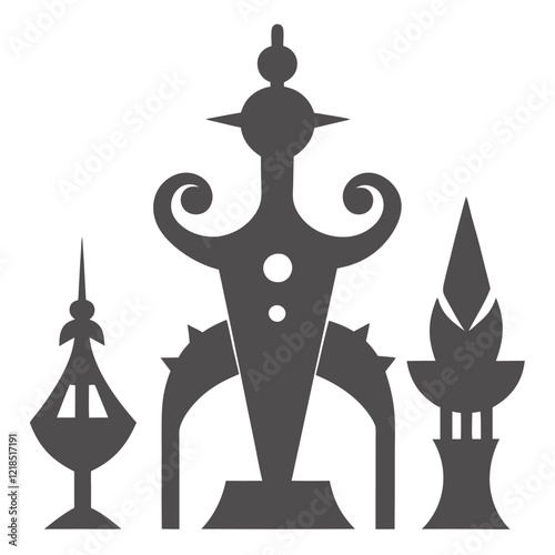 A vector silhouette design of decorative metallic sculptures with an industrial vibe, 