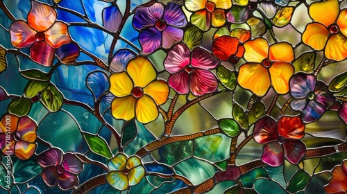 Colorful stained glass window with abstract flower pattern, closeup of photo