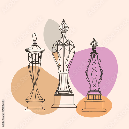A vector silhouette design of decorative metallic sculptures with an industrial vibe, 
