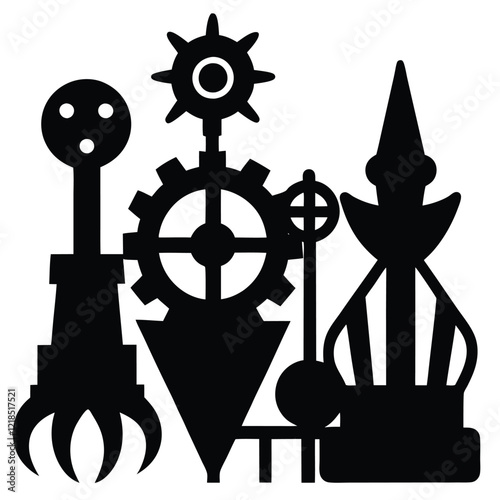 A vector silhouette design of decorative metallic sculptures with an industrial vibe, 