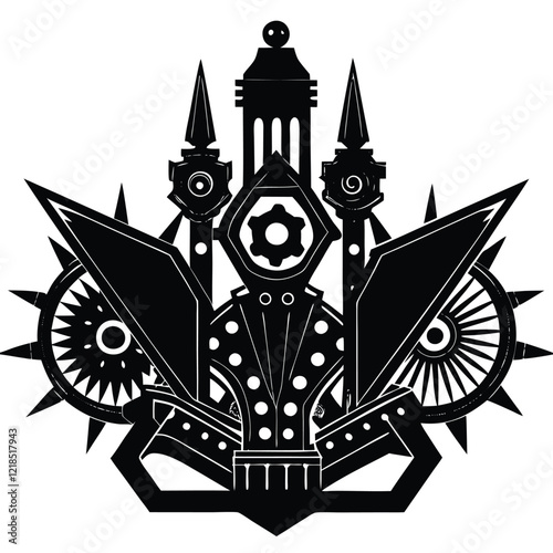 A vector silhouette design of decorative metallic sculptures with an industrial vibe, 
