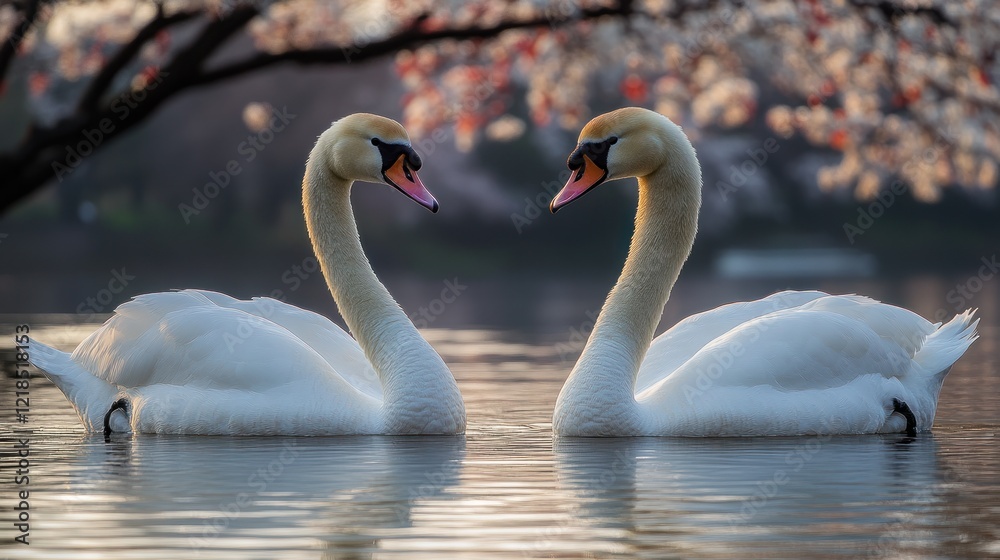 Swans Heart Shape Lake Blossom Sunrise Romance Swans Heart Shape Lake Blossom Sunrise Romance