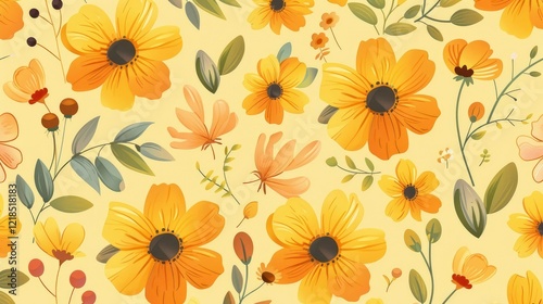 Pattern with yellow flowers and leaves. Floral background.