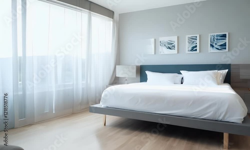 Wallpaper Mural Modern Bedroom Interior Design with White Bed, Grey Walls and Wooden Floor Torontodigital.ca
