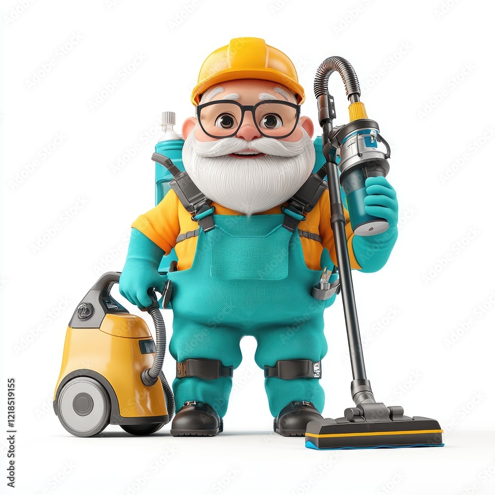 Cheerful Janitor with Vacuum Cleaner and Cleaning Supplies Cheerful Janitor with Vacuum Cleaner and Cleaning Supplies