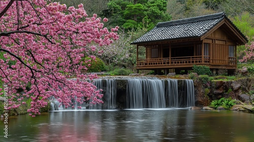 Cabin by waterfall, pink blossoms, nature, calm, peaceful retreat, scenic view