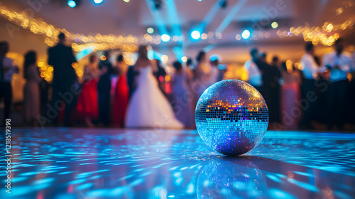 A disco ball sits on a reflective dance floor at a formal event.  Blurred figures of elegantly dressed people dance in the background under colorful lights.