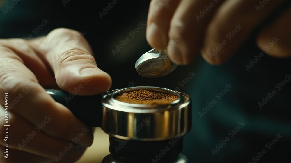 Hands tamping coffee grounds, espresso preparation, kitchen, close-up Hands tamping coffee grounds, espresso preparation, kitchen, close-up