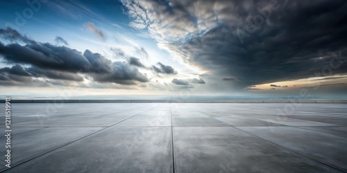 A dark concrete floor with a vast panoramic scene of an infinite horizon sky stretching out into the distance, creating a sense of depth and endlessness , panoramic, concrete background