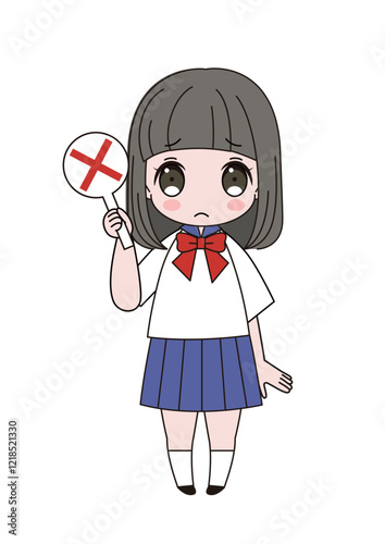 バツのプラカードを挙げて残念そうな顔のセーラー服姿の女子生徒の全身イラスト