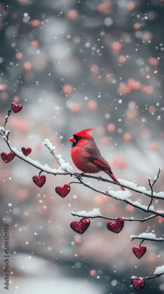 Red cardinal perched on snowy branch with heart-shaped leaves Red cardinal perched on snowy branch with heart-shaped leaves
