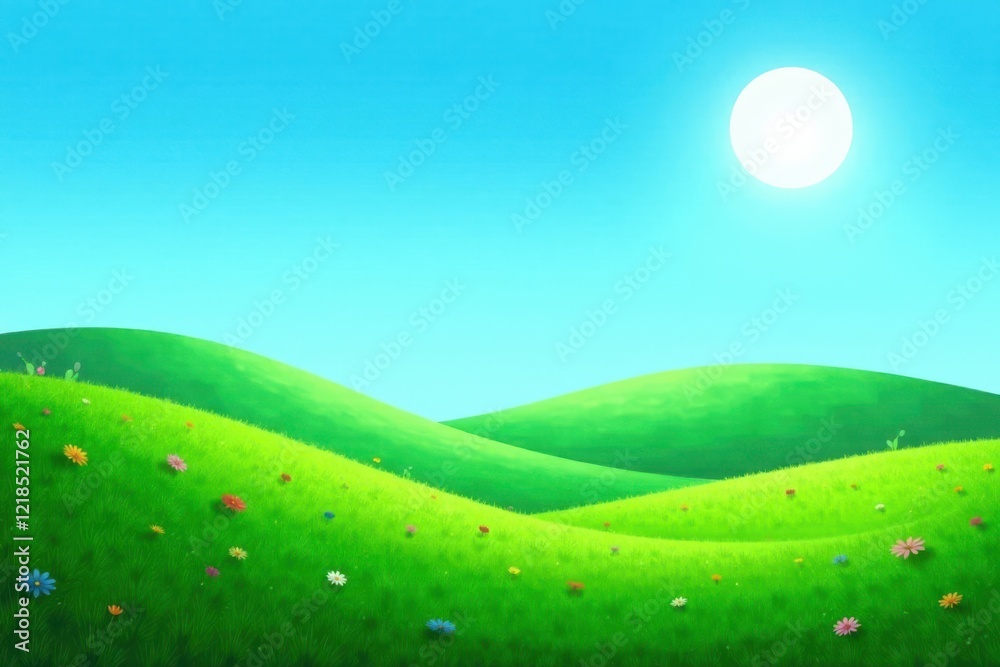Obraz premium Serene Landscape Featuring Rolling Green Hills, a Vivid Blue Sky, and Scattered Wildflowers Under a Bright Sun
