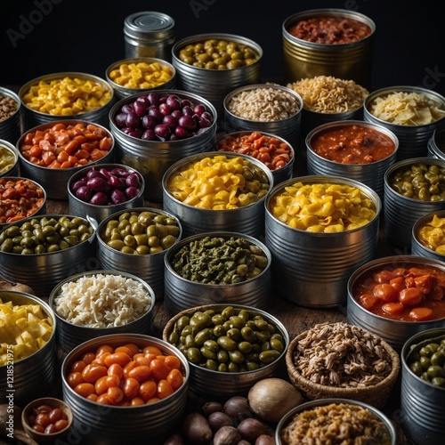 Canned Food. Different types of canned food on the table.



