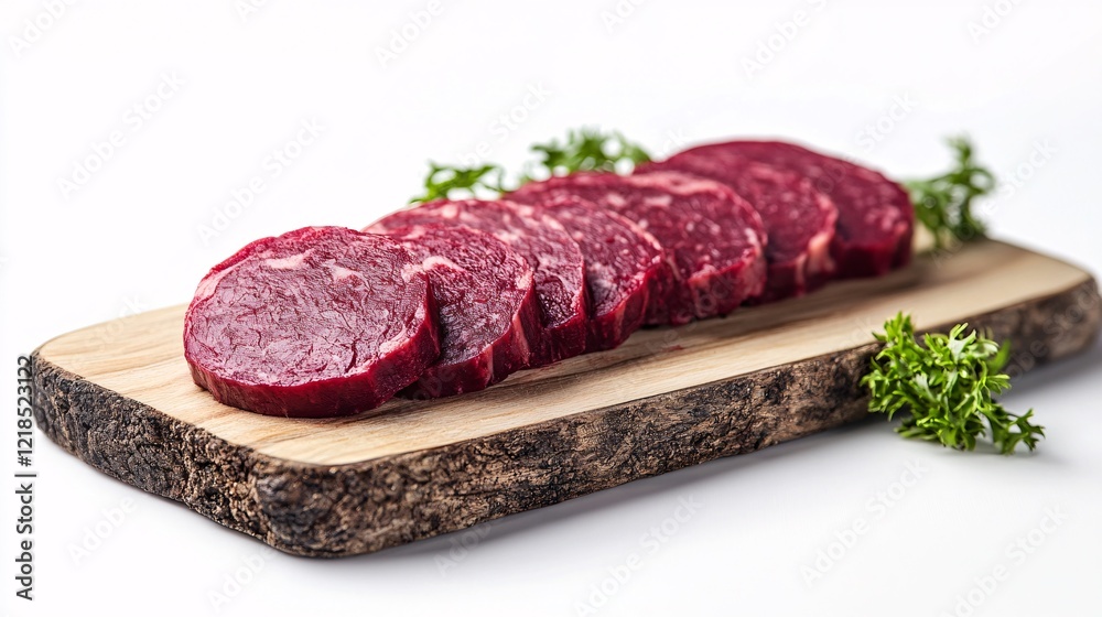 Premium beetroot-infused raw meat burger patty on wooden board Premium beetroot-infused raw meat burger patty on wooden board