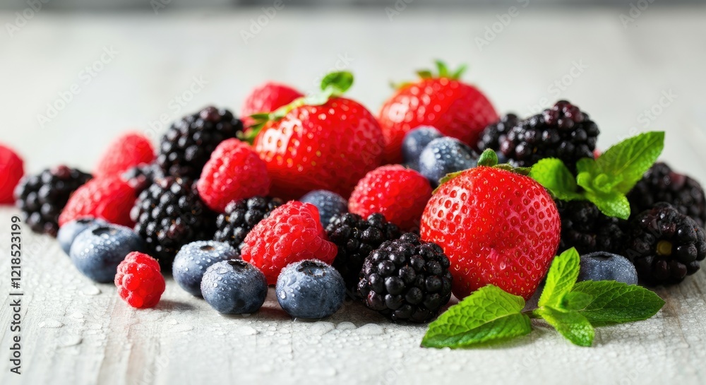 Fresh mixed berries and mint leaves on light surface Fresh mixed berries and mint leaves on light surface