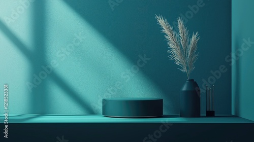 Teal Room Minimalist Product Display Platform with Pampas Grass