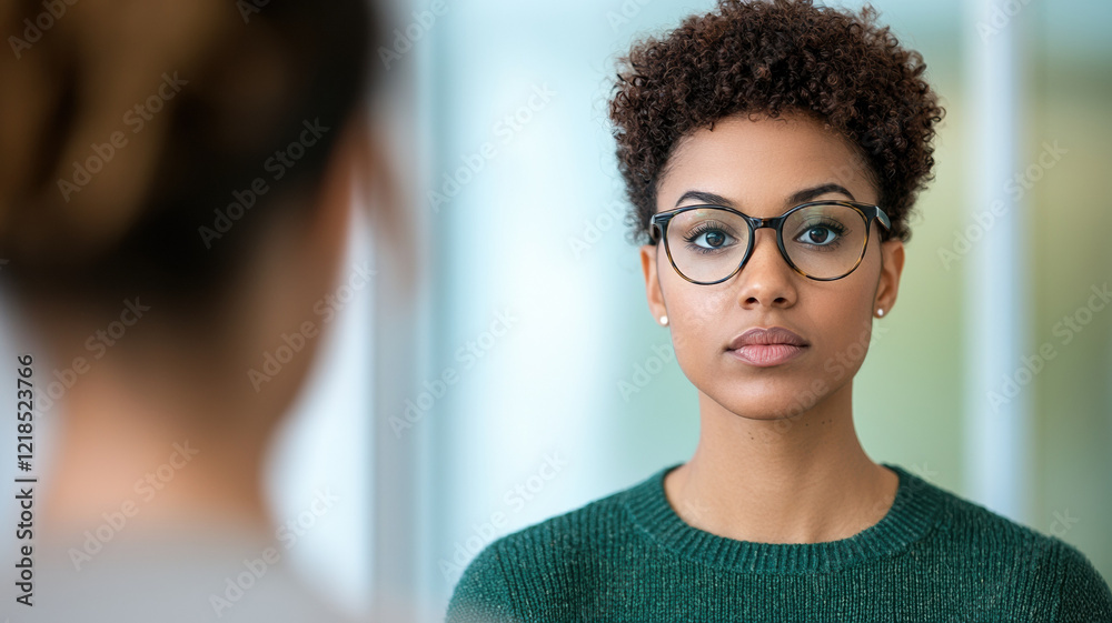 Fototapeta premium focused woman in glasses engages in therapy session, reflecting on emotions