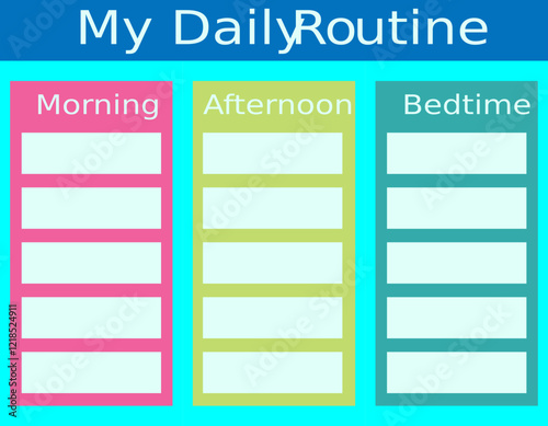 Pink, green, and blue daily routine schedule template: Morning, afternoon, and bedtime