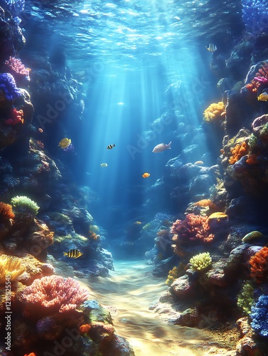 Sunbeams illuminate vibrant coral reef. photo