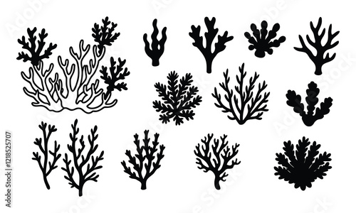 set of various coral plants silhouettes