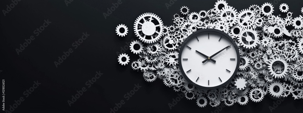 Time Concept with Gears and Clock on Dark Background Representing Mechanics and Precision in Modern Design Time Concept with Gears and Clock on Dark Background Representing Mechanics and Precision in Modern Design