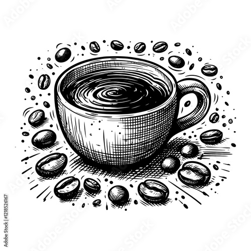 coffee cup with coffee beans in black sketch illustration