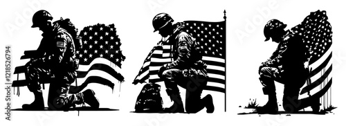 kneeling soldiers with american flag in black silhouette illustration laser cutting engraving