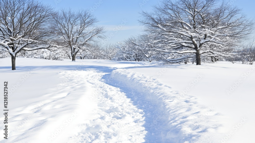 Serene winter path discover the beauty of nature snowy trail through an open field Serene winter path discover the beauty of nature snowy trail through an open field
