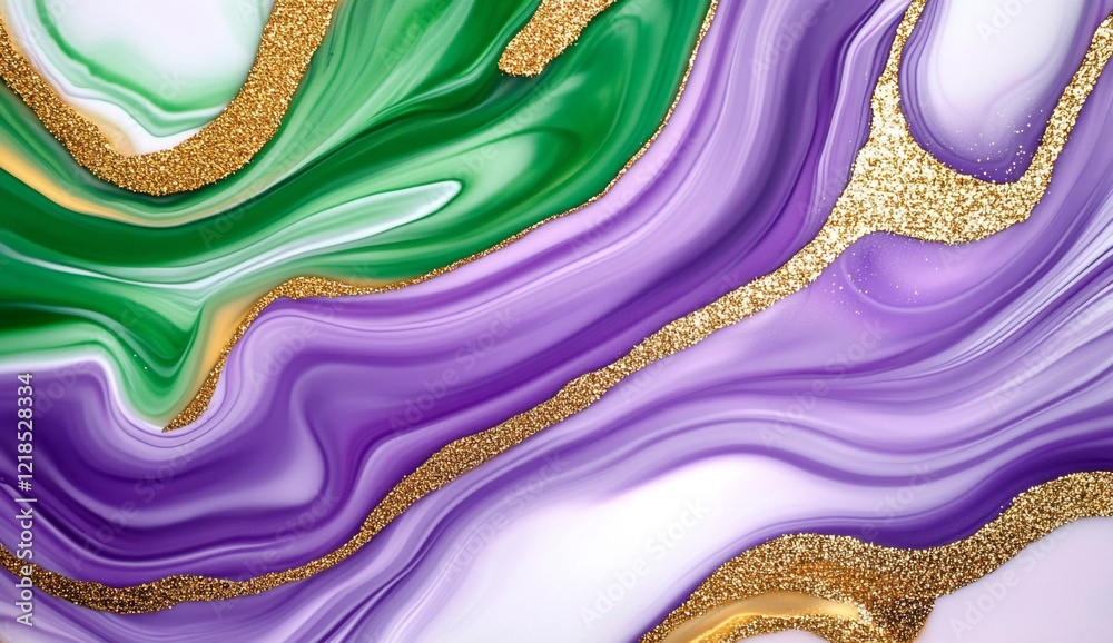 Fototapeta premium Abstract Painting of Purple, Green, and Gold Marble Swirl - Ideal for Home Decor and Backgrounds