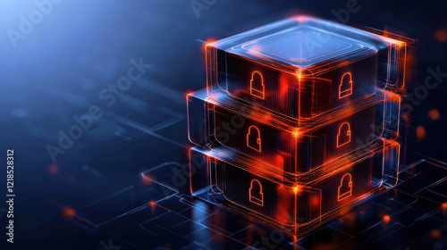 sleek abstract representation of cybersecurity featuring stacked data blocks with padlock symbols, illuminated in blue and orange tones, conveying sense of security and technology