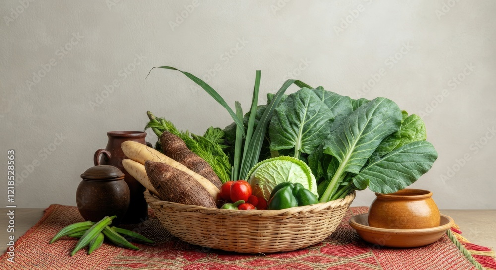 Basket of fresh vegetables on red mat Basket of fresh vegetables on red mat