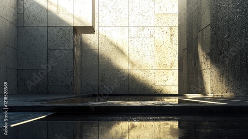 Sunlit minimalist stone courtyard reflecting light, modern architecture, serene background, ideal for design