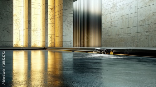 Tranquil modern water feature, minimalist architecture, reflective pool, ambient lighting, serene background; ideal for spa or hotel design