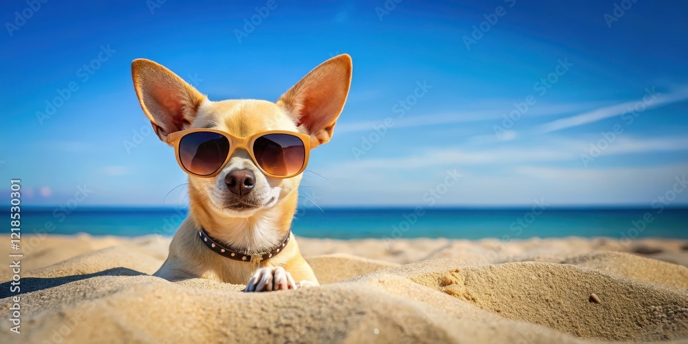 Detaied beach scene with a chihuahua wearing trendy sunglasses and posing happily in the sand, funny, sunshine, funny Detaied beach scene with a chihuahua wearing trendy sunglasses and posing happily in the sand, funny, sunshine, funny
