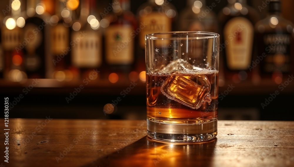 Amber Whiskey on the Rocks in Warm Bar Ambiance with Soft Lighting Amber Whiskey on the Rocks in Warm Bar Ambiance with Soft Lighting