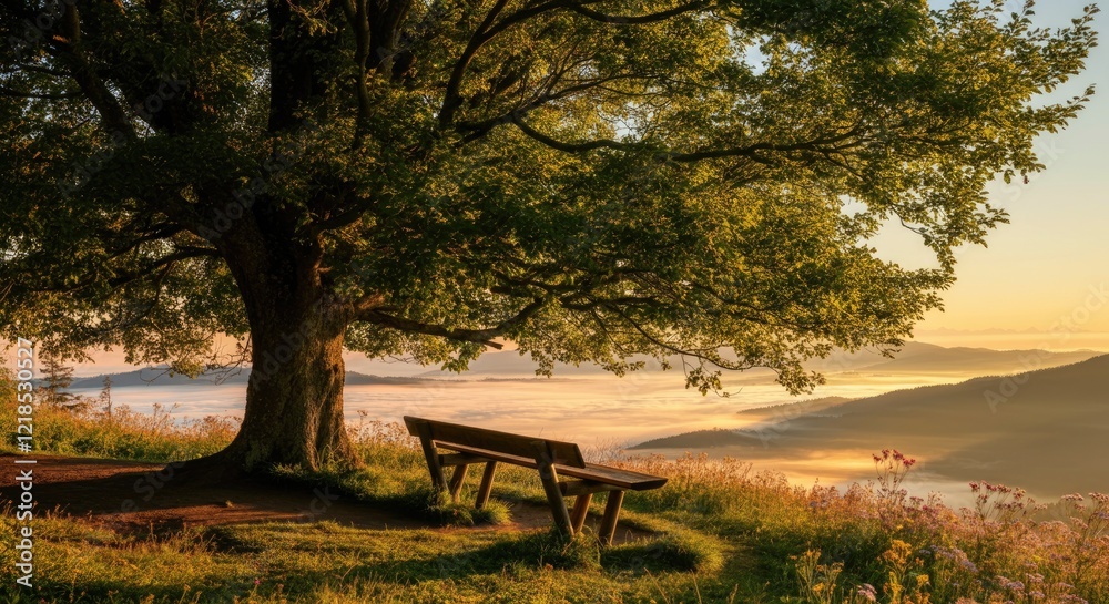 Fototapeta premium Morning sunlight filters through trees over bench with serene mountain view