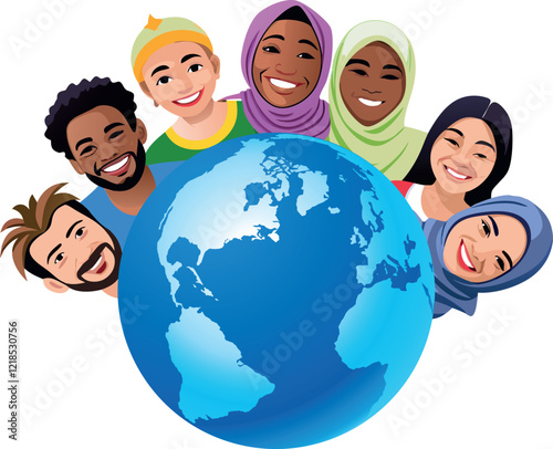 Happy people of different ethnicities and religions around the world