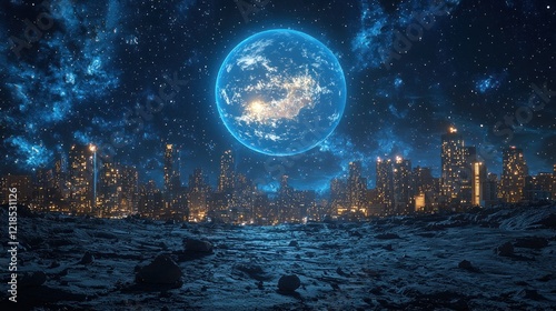 Blue sphere over city lights, rocky foreground, star background. Sci-fi use.