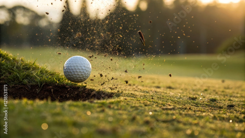 golf ball striking grass, creating divot and flying through air, captures excitement of game