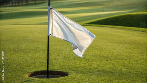 of flagstick firmly planted hole golf course, surrounded by lush green grass, evokes sense of tranquility and focus