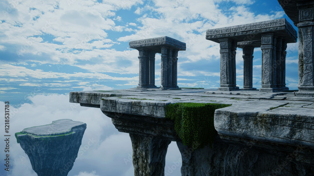 Fototapeta premium Dramatic Futuristic Cityscape Suspended in Mid-Air with Ancient Architectural Elements