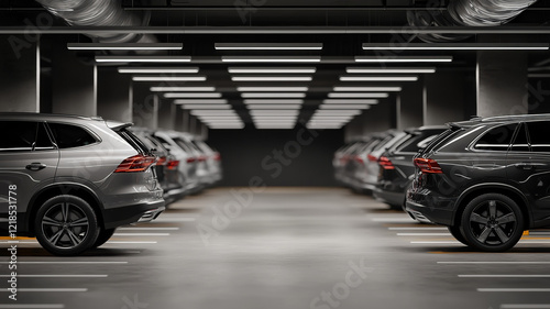 Luxury urban car parking lot with clean design and modern vehicles