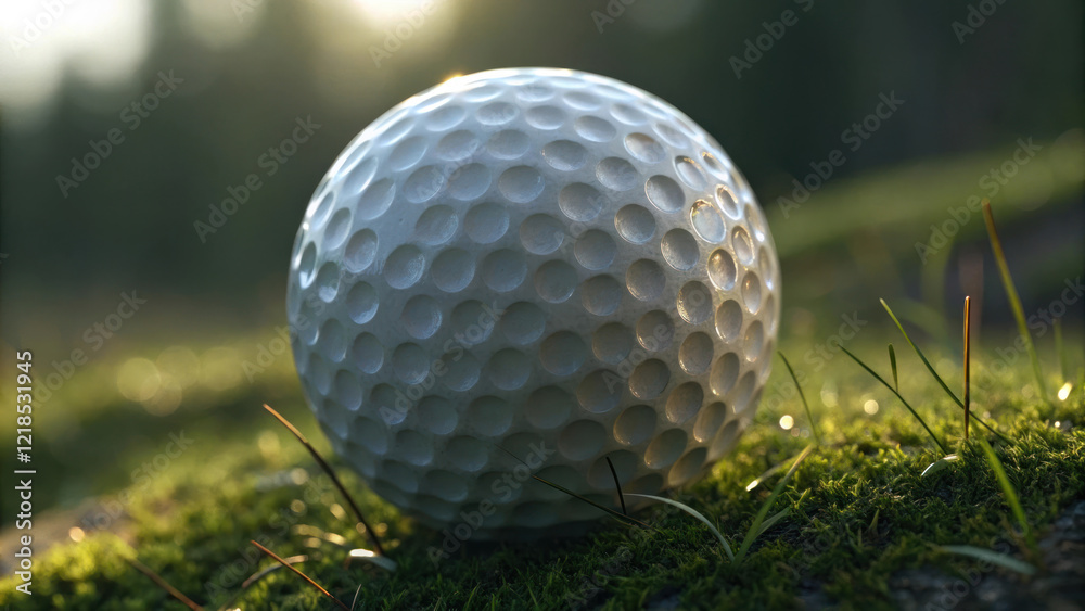 macro shot of golf ball resting on green grass, showcasing its dimples and texture in natural light macro shot of golf ball resting on green grass, showcasing its dimples and texture in natural light