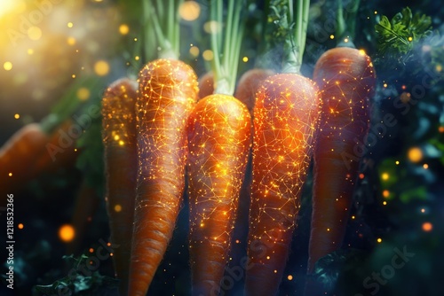 Fresh carrots glowing with vibrant light against a dark natural background photo