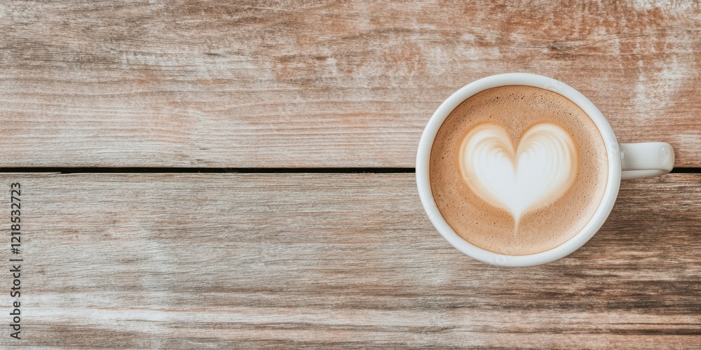 Heart-shaped latte art on rustic wooden table: warmth and elegance in every sip Heart-shaped latte art on rustic wooden table: warmth and elegance in every sip