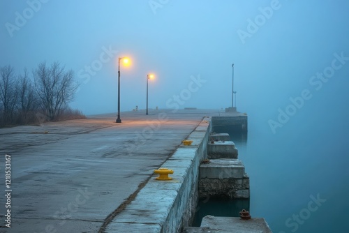 Calm Dockside at Dawn with Misty Background